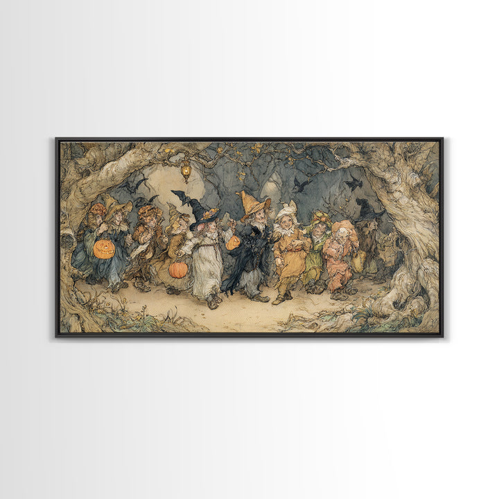The Trick-Or-Treat Procession, Gothic Storybook Art, Wide Panoramic Art, Macabre Wall Art, Framed Canvas Print, Halloween Wall Art