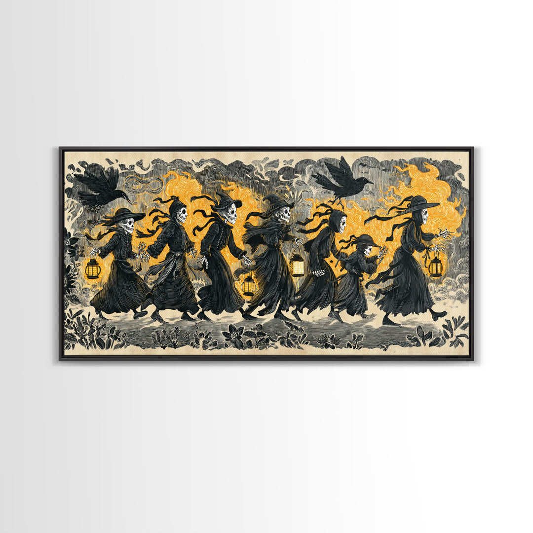 The Trick-Or-Treat Procession, Macabre Folk Print Art, Wide Panoramic Art, Dark Halloween Decor, Canvas Print