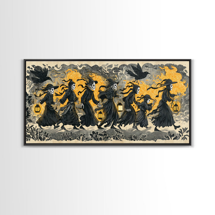 The Trick-Or-Treat Procession, Macabre Folk Print Art, Wide Panoramic Art, Dark Halloween Decor, Canvas Print