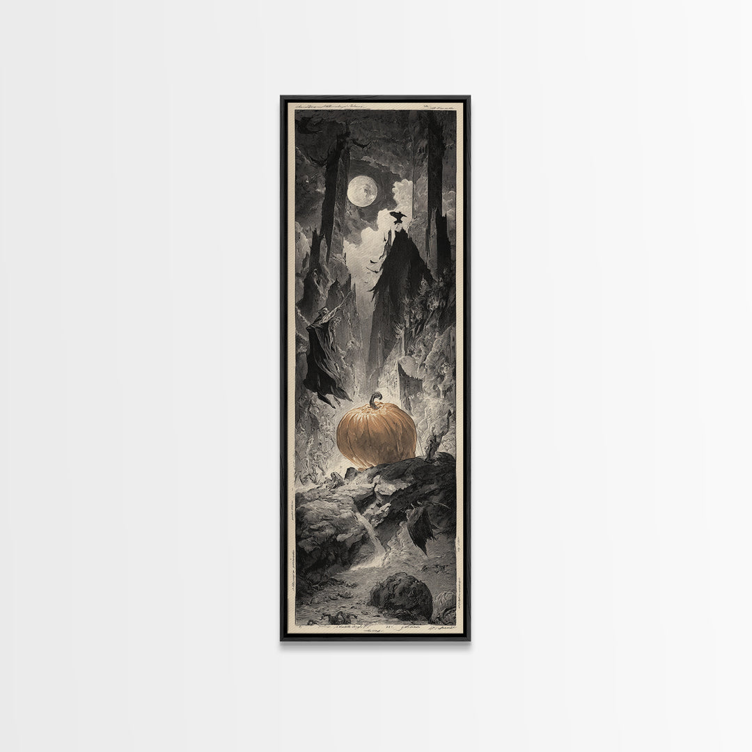 The Pumpkin-Carving Ritual, Gothic Engraving Art, Tall Narrow Wall Art, Gothic Horror Wall Art, Framed Canvas Print, Halloween Wall Art