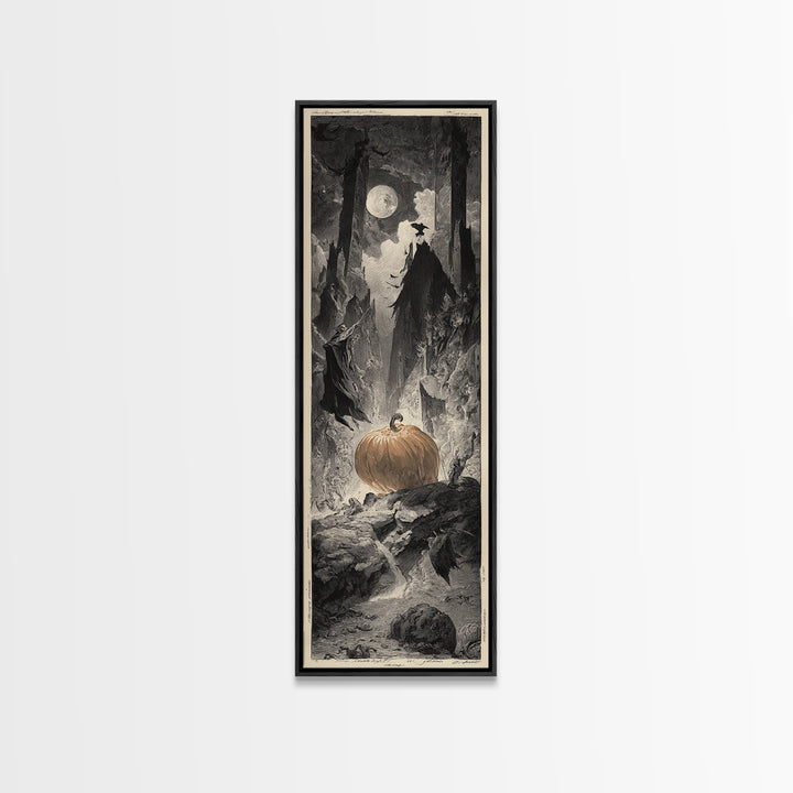 The Pumpkin-Carving Ritual, Gothic Engraving Art, Tall Narrow Wall Art, Gothic Horror Wall Art, Framed Canvas Print, Halloween Wall Art