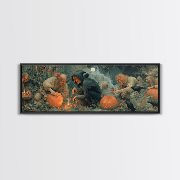 The Pumpkin-Carving Ritual, Medieval Grotesque Art, Extra Wide Wall Art, Gothic Horror Wall Art, Framed Canvas Print