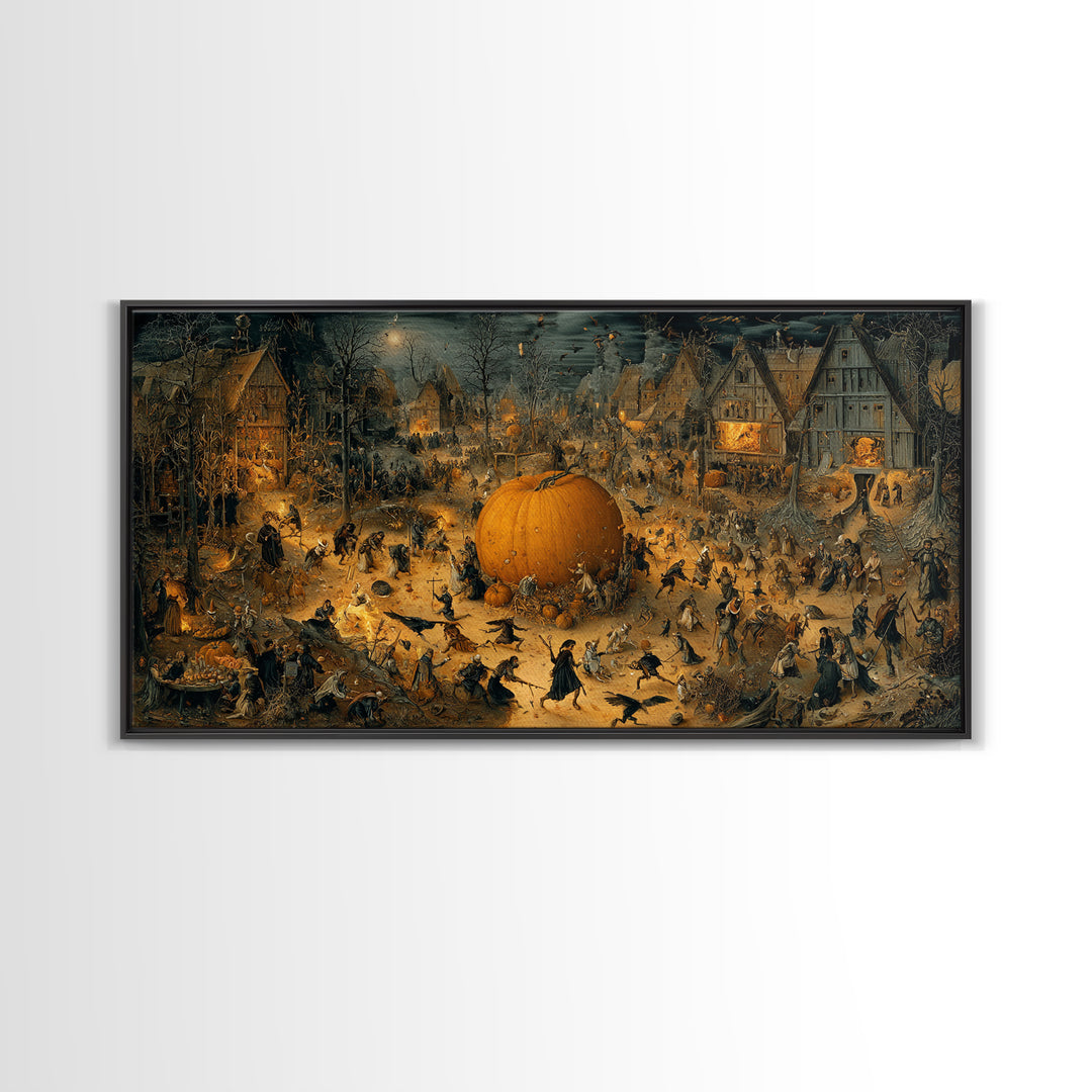 The Pumpkin-Carving Ritual, Northern Renaissance Horror, Wide Panoramic Art, Gothic Horror Wall Art, Framed Canvas Print