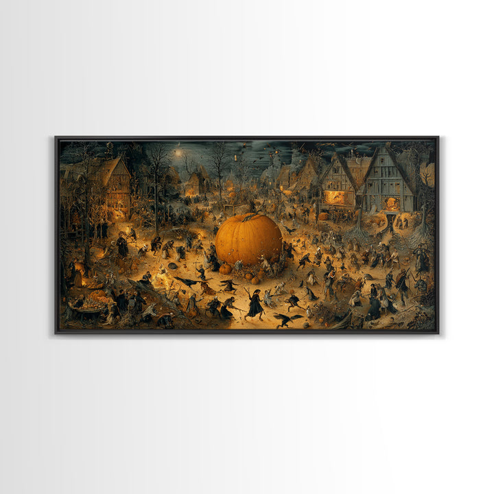 The Pumpkin-Carving Ritual, Northern Renaissance Horror, Wide Panoramic Art, Gothic Horror Wall Art, Framed Canvas Print