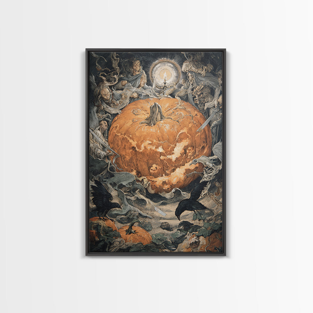 The Pumpkin-Carving Ritual, Dark Renaissance Art, Vertical Wall Art, Macabre Wall Art, Framed Canvas Print, Halloween Wall Art