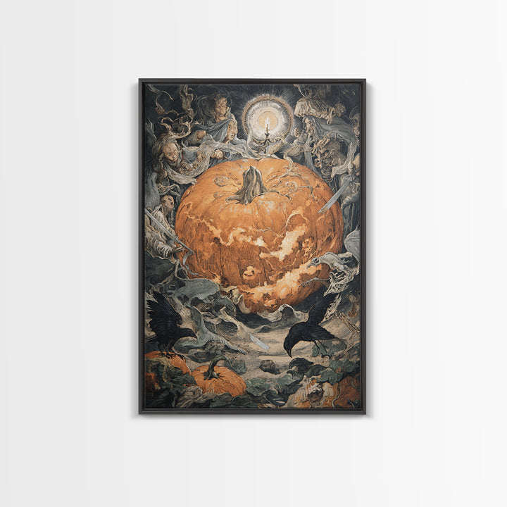 The Pumpkin-Carving Ritual, Dark Renaissance Art, Vertical Wall Art, Macabre Wall Art, Framed Canvas Print, Halloween Wall Art