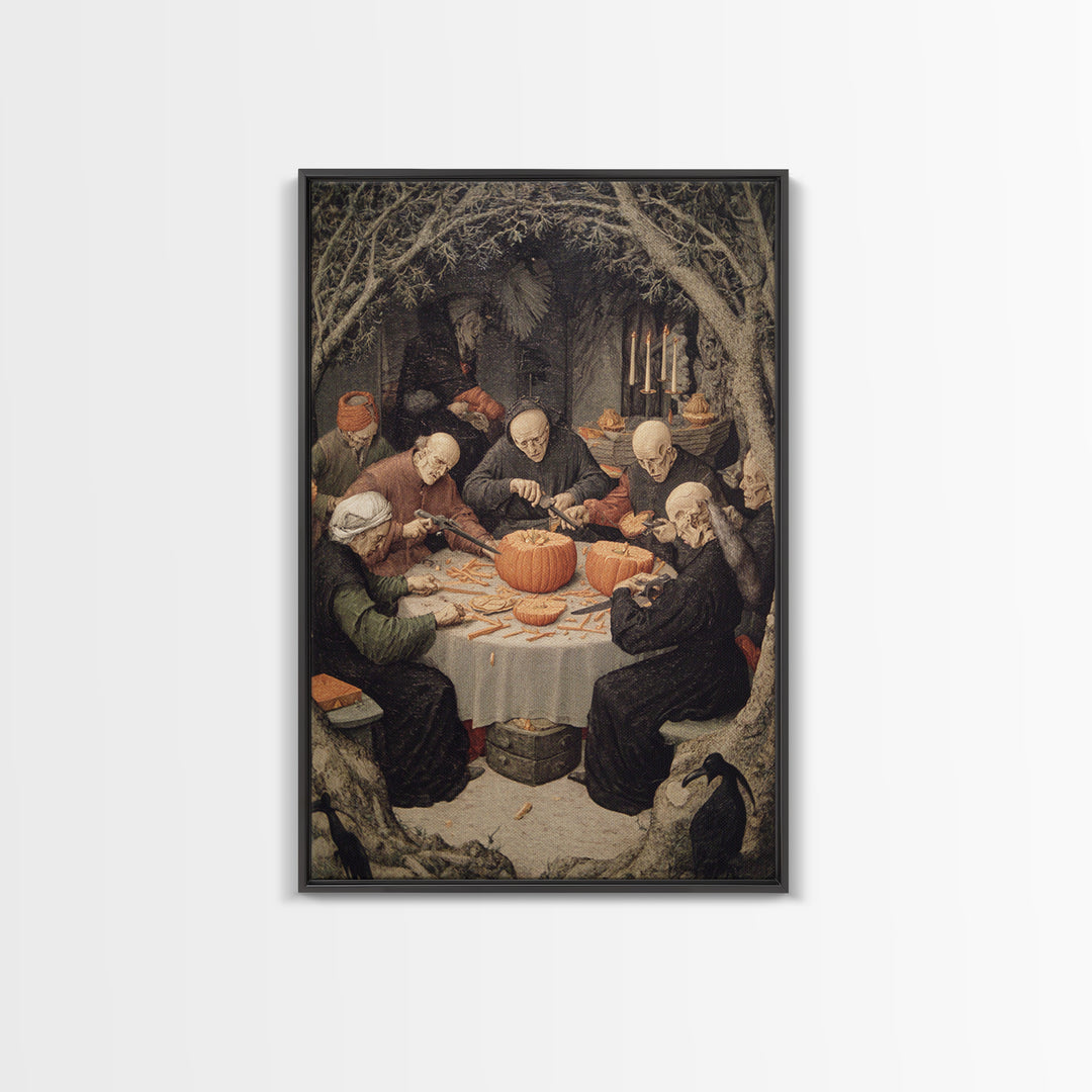 The Pumpkin-Carving Ritual, Danse Macabre Art, Vertical Wall Art, Dark Fantasy Wall Art, Canvas Print, Horror Wall Art