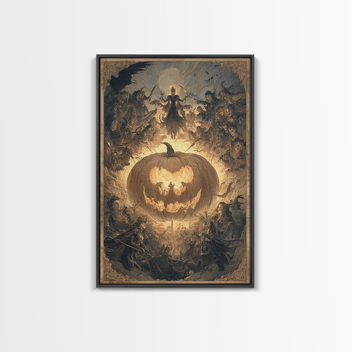 The Pumpkin-Carving Ritual, Visionary Gothic Art, Vertical Wall Art, Macabre Wall Art, Framed Canvas Print, Halloween Wall Art