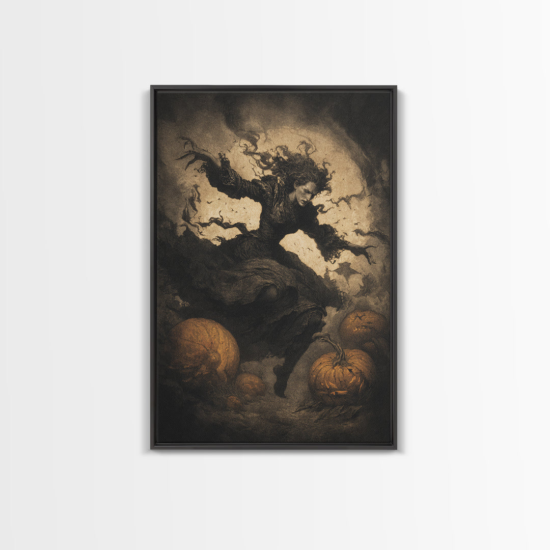 The Pumpkin-Carving Ritual, Dark Symbolist Art, Vertical Wall Art, Gothic Horror Wall Art, Framed Canvas Print, Halloween Wall Art