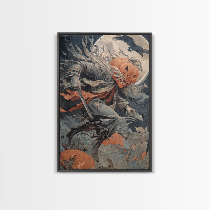 The Pumpkin-Carving Ritual, Symbolist Etching Art, Vertical Wall Art, Dark Halloween Decor, Framed Canvas Print, Halloween Wall Art