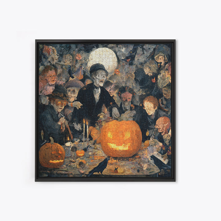The Pumpkin-Carving Ritual, Grotesque Carnival Art, Square Wall Art, Dark Halloween Decor, Framed Canvas Print, Halloween Wall Art