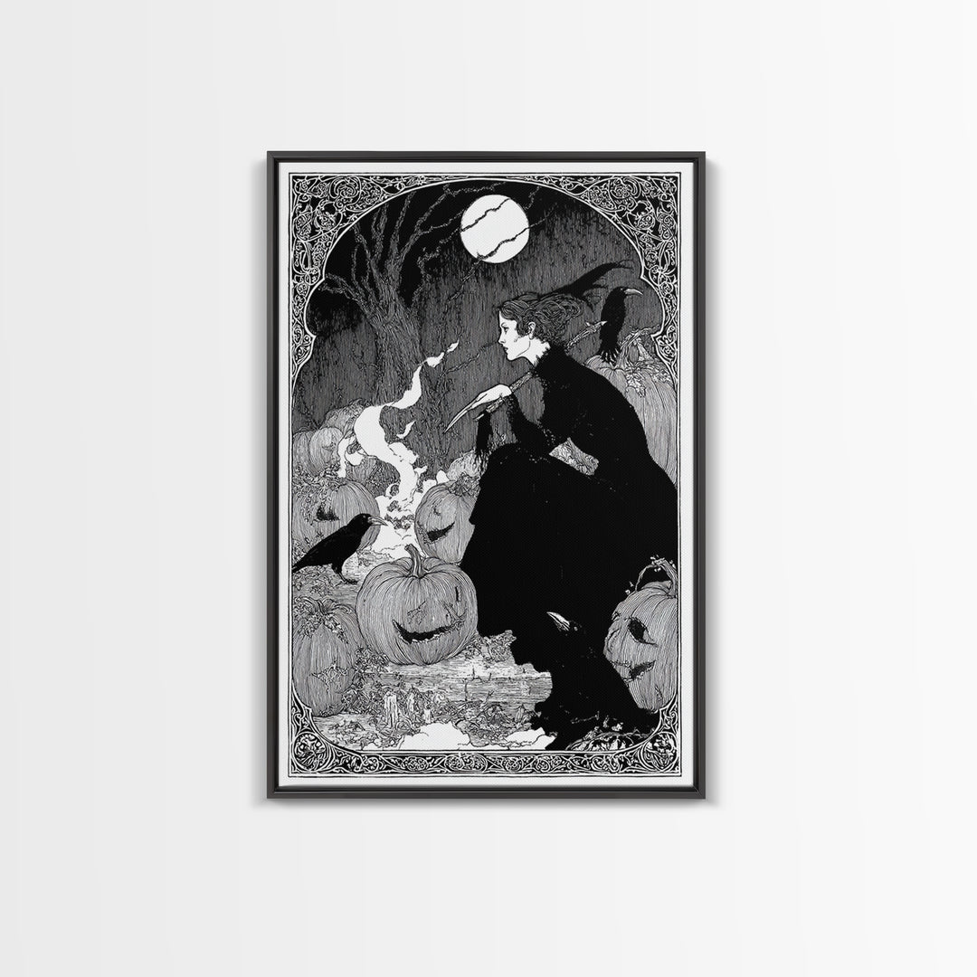 The Pumpkin-Carving Ritual, Decadent Line Art, Vertical Wall Art, Gothic Horror Wall Art, Canvas Print, Halloween Wall Art