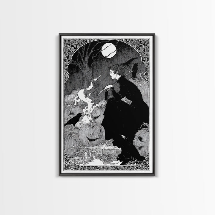 The Pumpkin-Carving Ritual, Decadent Line Art, Vertical Wall Art, Gothic Horror Wall Art, Canvas Print, Halloween Wall Art