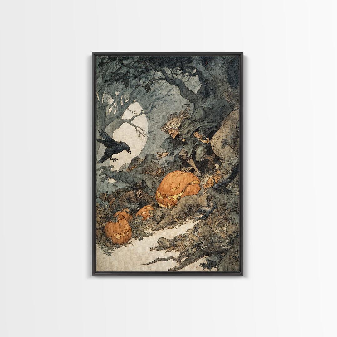 The Pumpkin-Carving Ritual, Gothic Storybook Art, Vertical Wall Art, Macabre Wall Art, Framed Canvas Print, Halloween Wall Art
