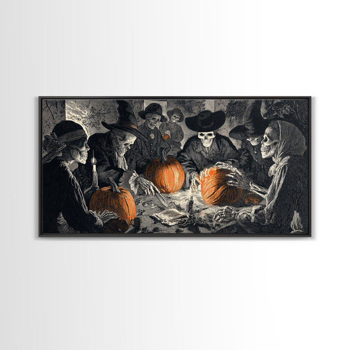 The Pumpkin-Carving Ritual, Macabre Folk Print Art, Wide Panoramic Art, Dark Halloween Decor, Canvas Print, Halloween Wall Art