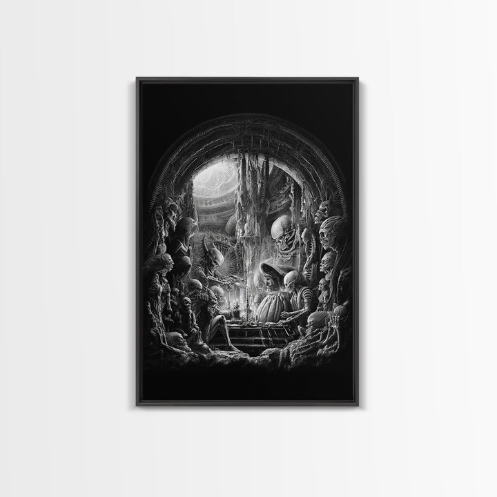 The Pumpkin-Carving Ritual, Biomechanical Horror Art, Vertical Wall Art, Dark Halloween Decor, Canvas Print, Halloween Wall Art