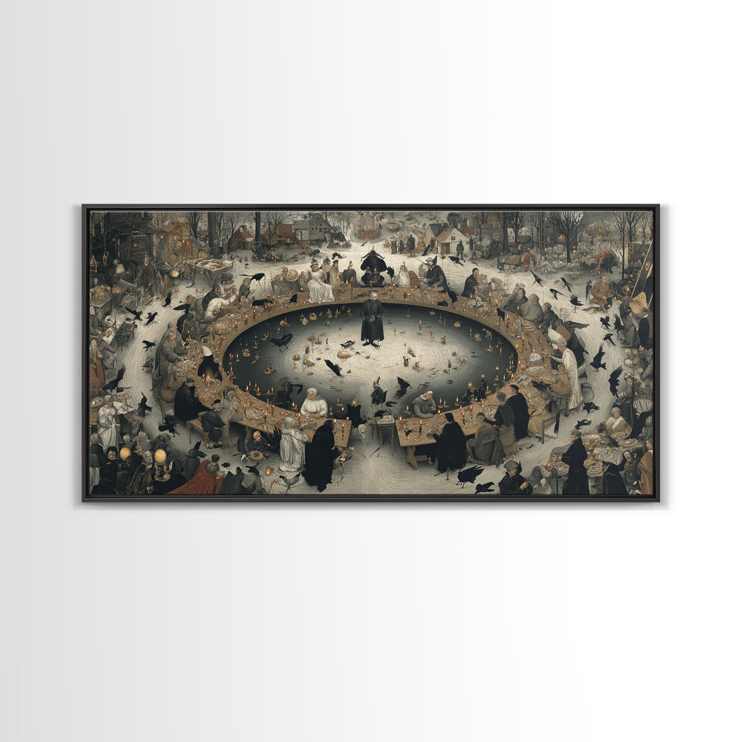 The Candlelit Seance, Northern Renaissance Horror, Wide Panoramic Art, Dark Halloween Decor, Canvas Print, Halloween Wall Art