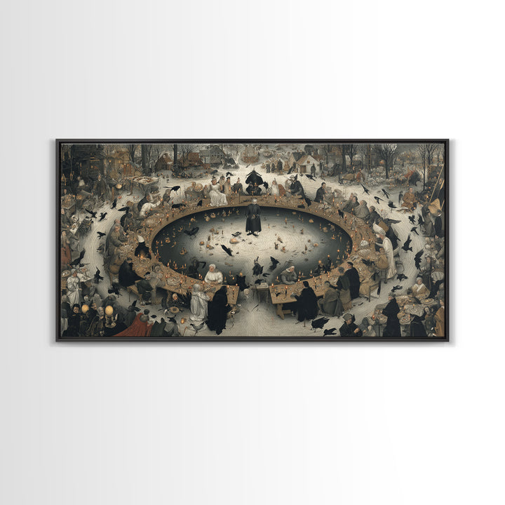 The Candlelit Seance, Northern Renaissance Horror, Wide Panoramic Art, Dark Halloween Decor, Canvas Print, Halloween Wall Art
