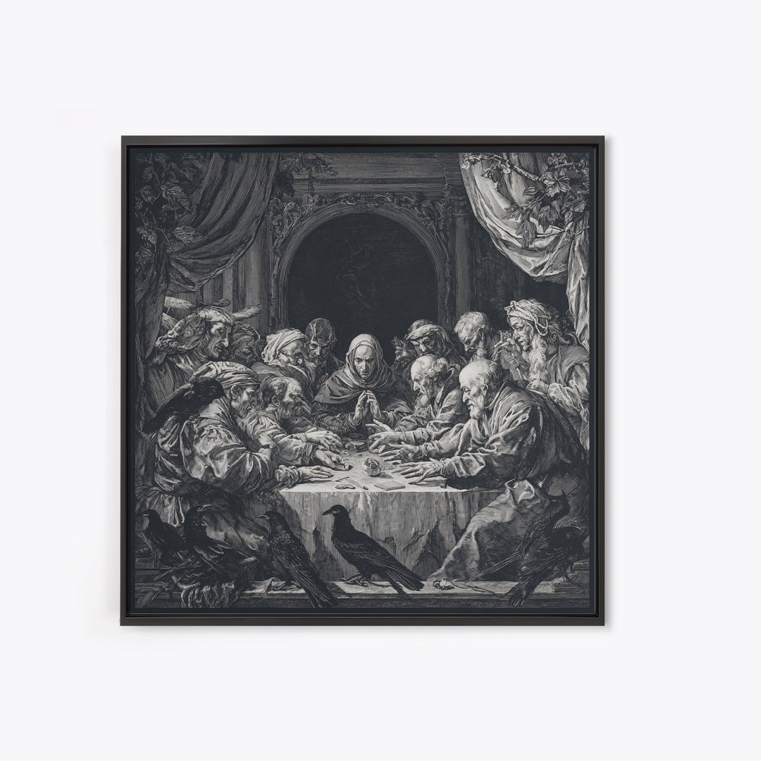 The Candlelit Seance, Renaissance Engraving Art, Square Wall Art, Dark Fantasy Wall Art, Canvas Print, Halloween Wall Art