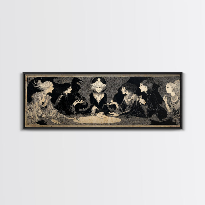 The Candlelit Seance, Decadent Line Art, Extra Wide Wall Art, Macabre Wall Art, Canvas Print, Halloween Wall Art