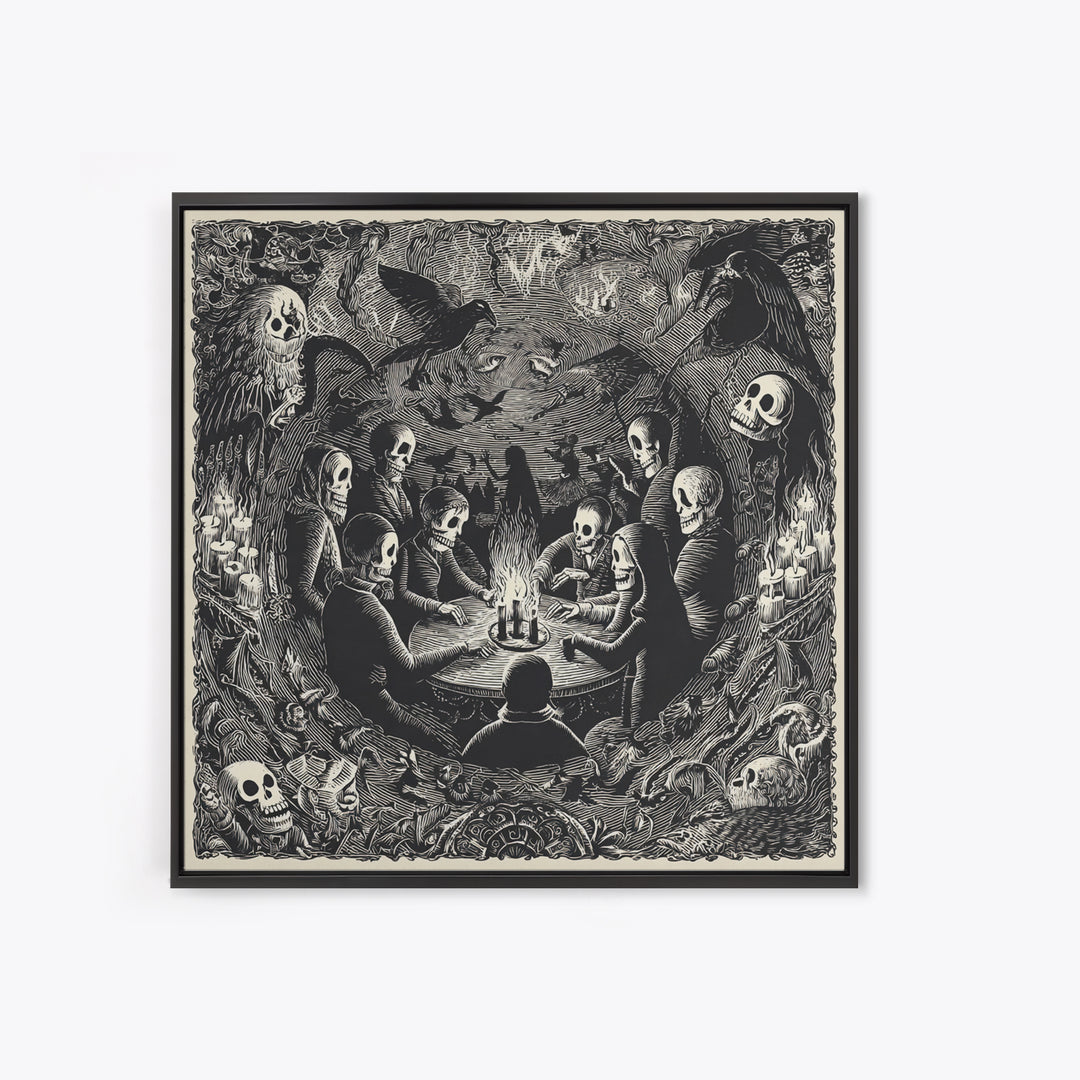 The Candlelit Seance, Macabre Folk Print Art, Square Wall Art, Dark Fantasy Wall Art, Framed Canvas Print, Halloween Wall Art