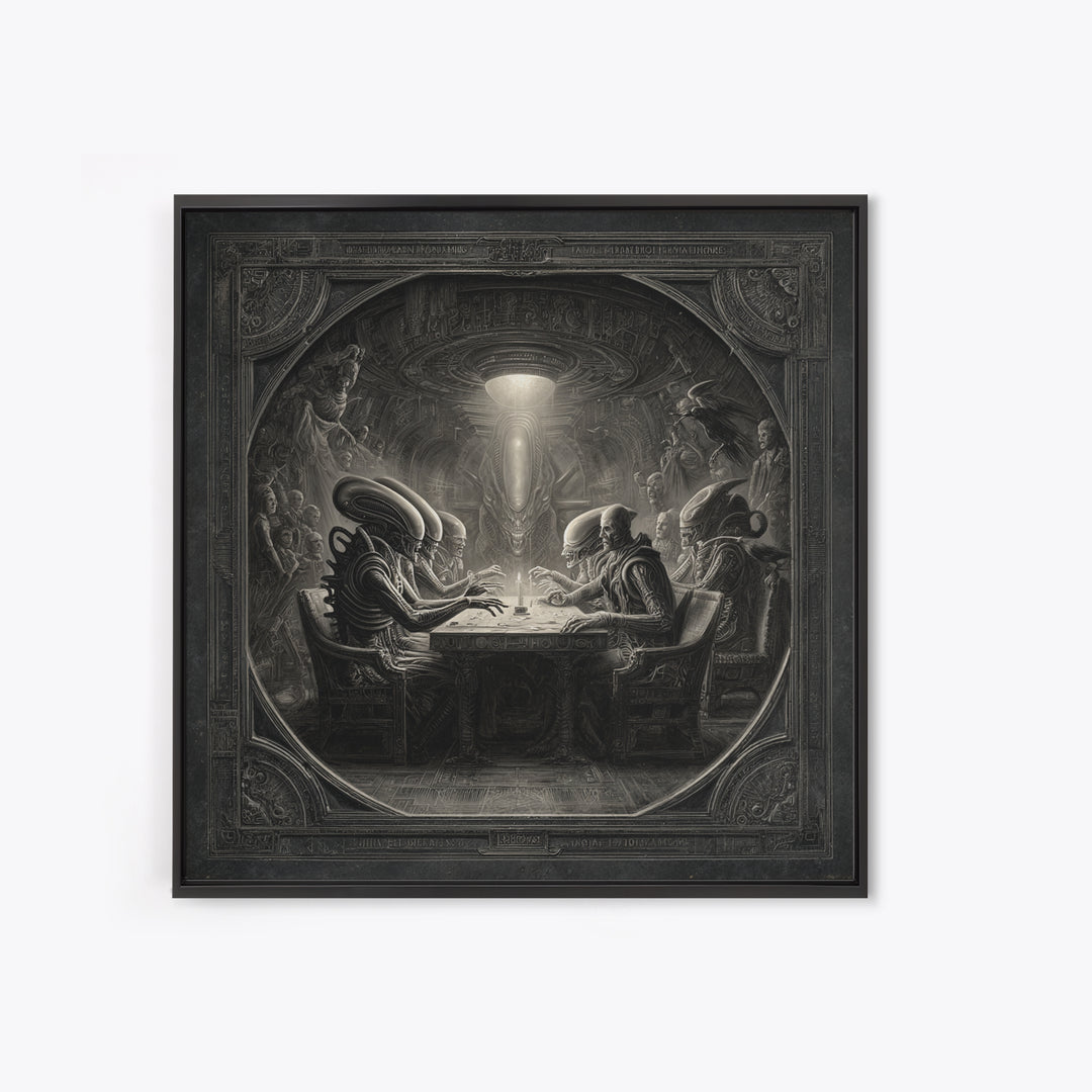 The Candlelit Seance, Biomechanical Horror Art, Square Wall Art, Macabre Wall Art, Framed Canvas Print, Halloween Wall Art