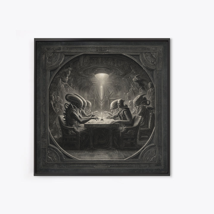 The Candlelit Seance, Biomechanical Horror Art, Square Wall Art, Macabre Wall Art, Framed Canvas Print, Halloween Wall Art