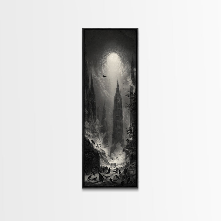 The Raven Funeral, Gothic Engraving Art, Tall Narrow Wall Art, Macabre Wall Art, Canvas Print, Halloween Wall Art, Gothic Home Decor