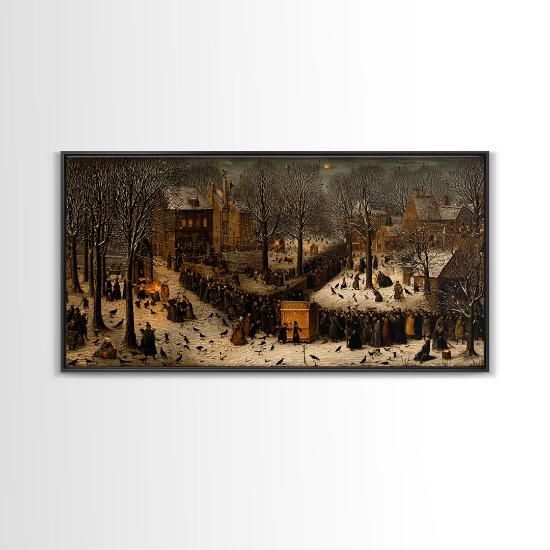 The Raven Funeral, Northern Renaissance Horror, Wide Panoramic Art, Macabre Wall Art, Framed Canvas Print, Halloween Wall Art