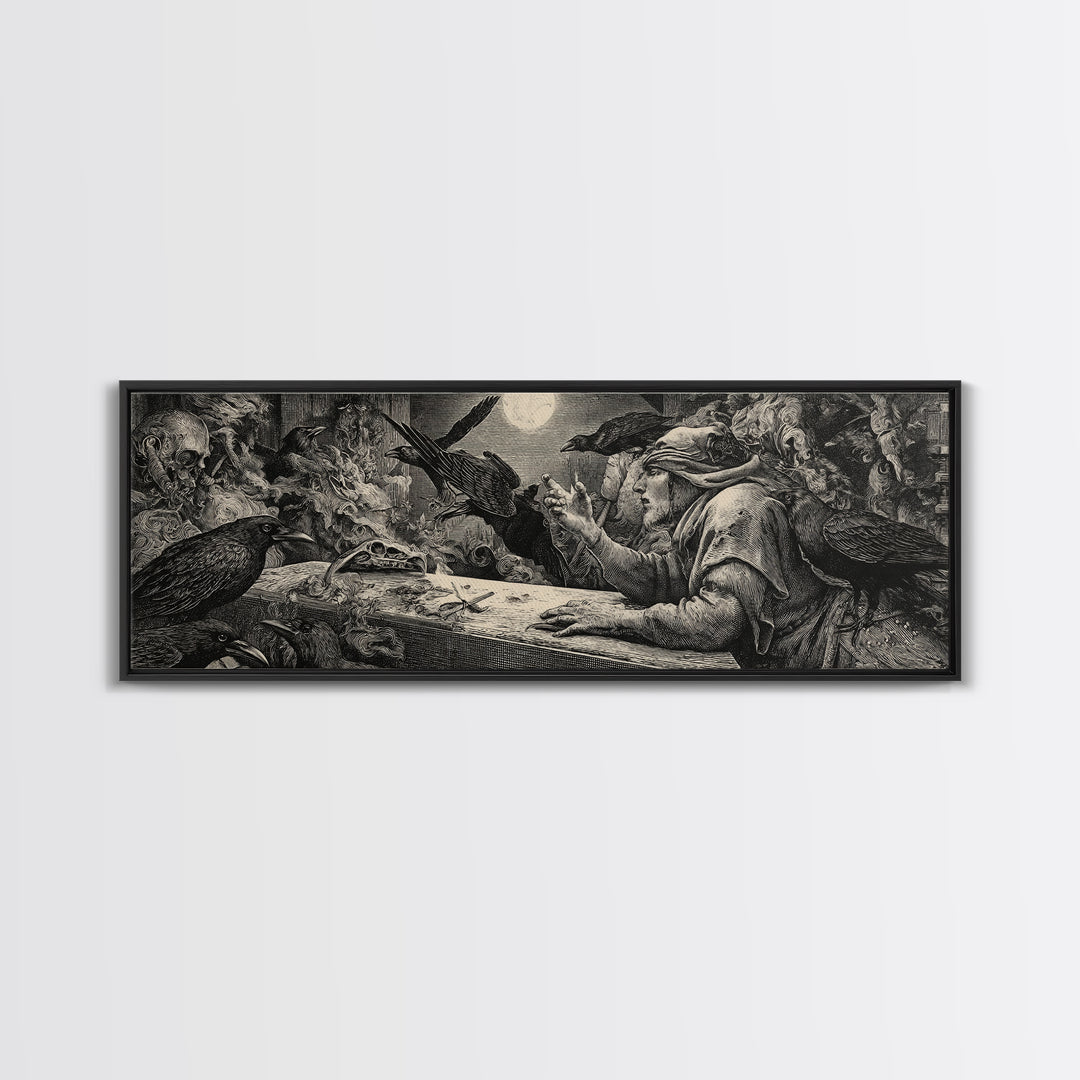The Raven Funeral, Renaissance Engraving Art, Extra Wide Wall Art, Dark Fantasy Wall Art, Framed Canvas Print, Halloween Wall Art