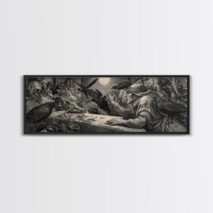 The Raven Funeral, Renaissance Engraving Art, Extra Wide Wall Art, Dark Fantasy Wall Art, Framed Canvas Print, Halloween Wall Art
