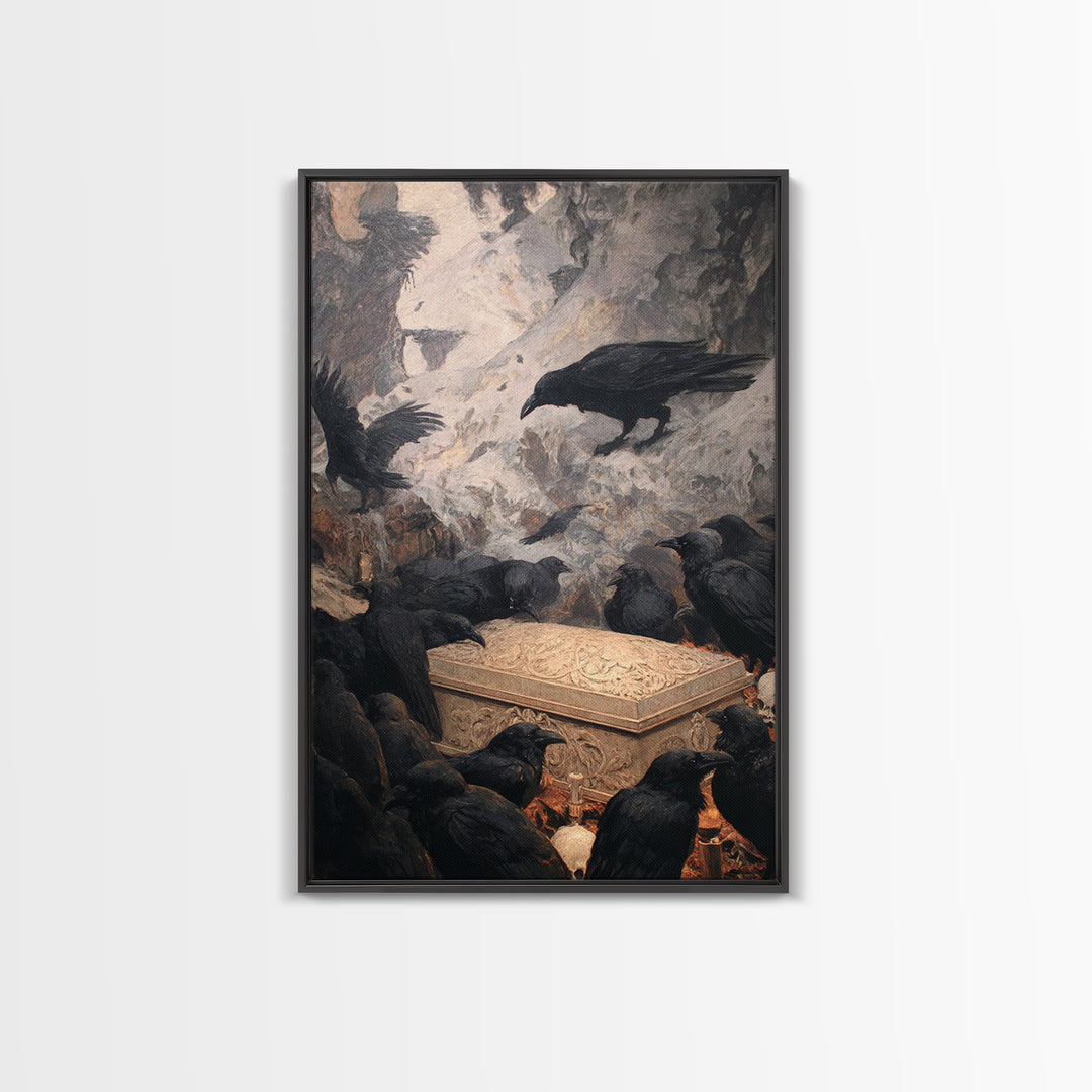 The Raven Funeral, Baroque Witchcraft Art, Vertical Wall Art, Macabre Wall Art, Framed Canvas Print, Halloween Wall Art