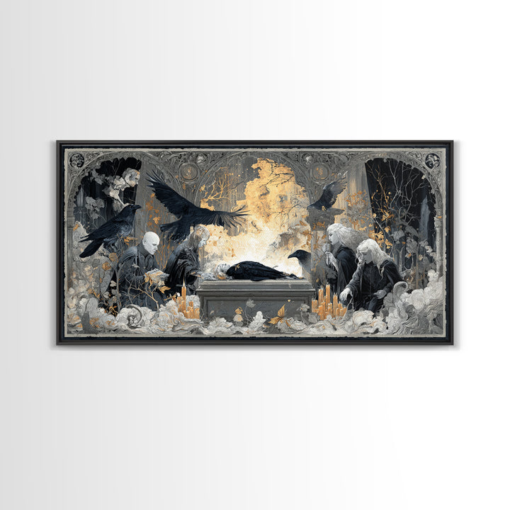 The Raven Funeral, Visionary Gothic Art, Wide Panoramic Art, Macabre Wall Art, Canvas Print, Halloween Wall Art