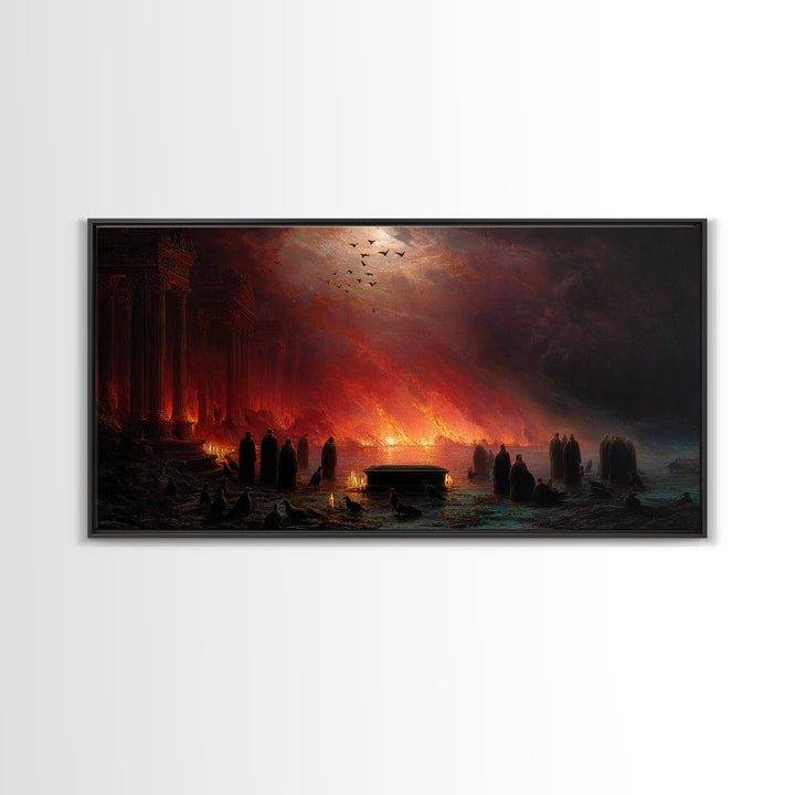 The Raven Funeral, Apocalyptic Romantic Art, Wide Panoramic Art, Macabre Wall Art, Framed Canvas Print, Halloween Wall Art