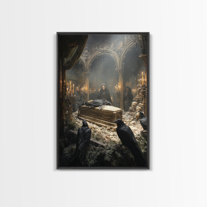 The Raven Funeral, Ornate Symbolist Art, Vertical Wall Art, Dark Halloween Decor, Framed Canvas Print, Halloween Wall Art
