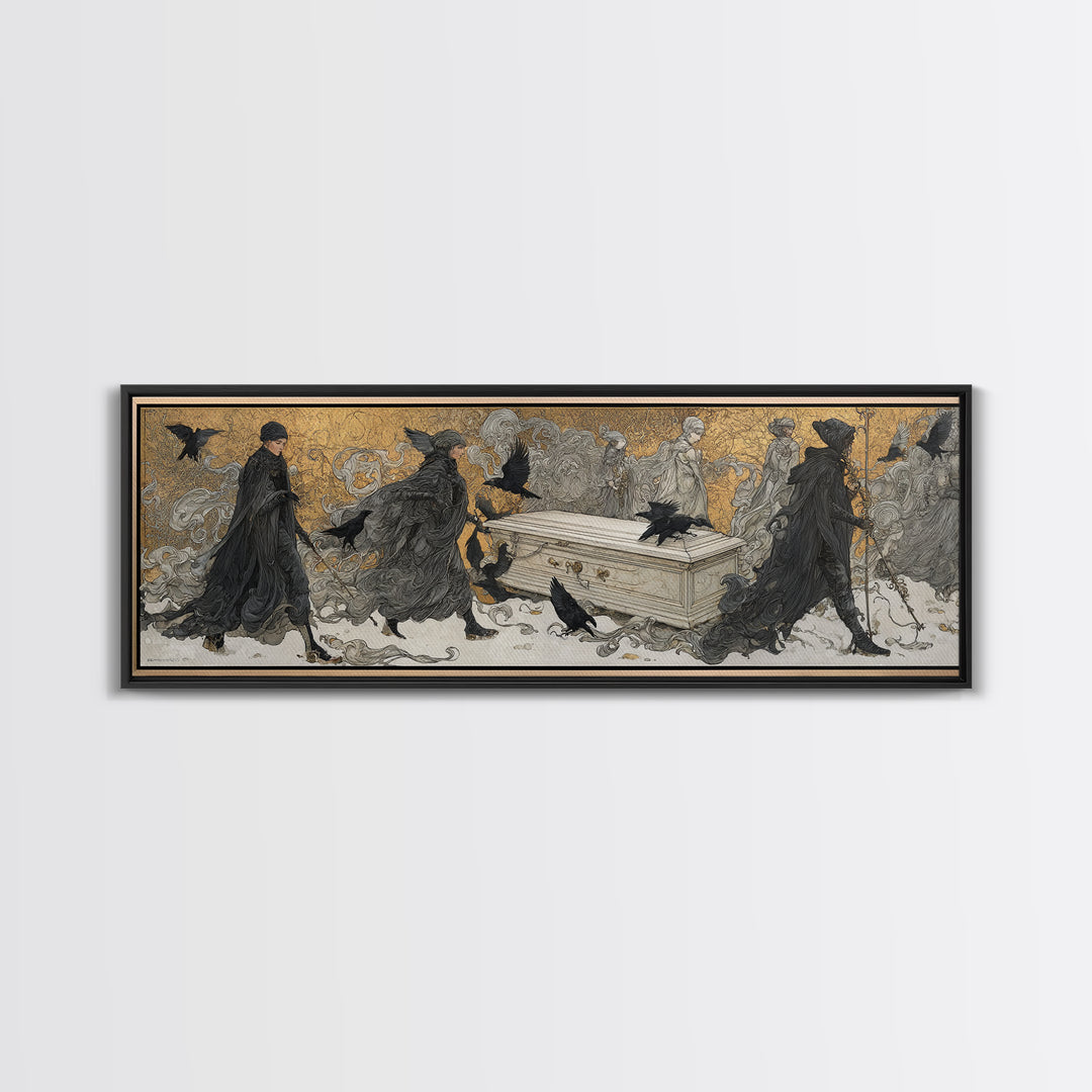 The Raven Funeral, Symbolist Death Art, Extra Wide Wall Art, Gothic Horror Wall Art, Canvas Print, Halloween Wall Art
