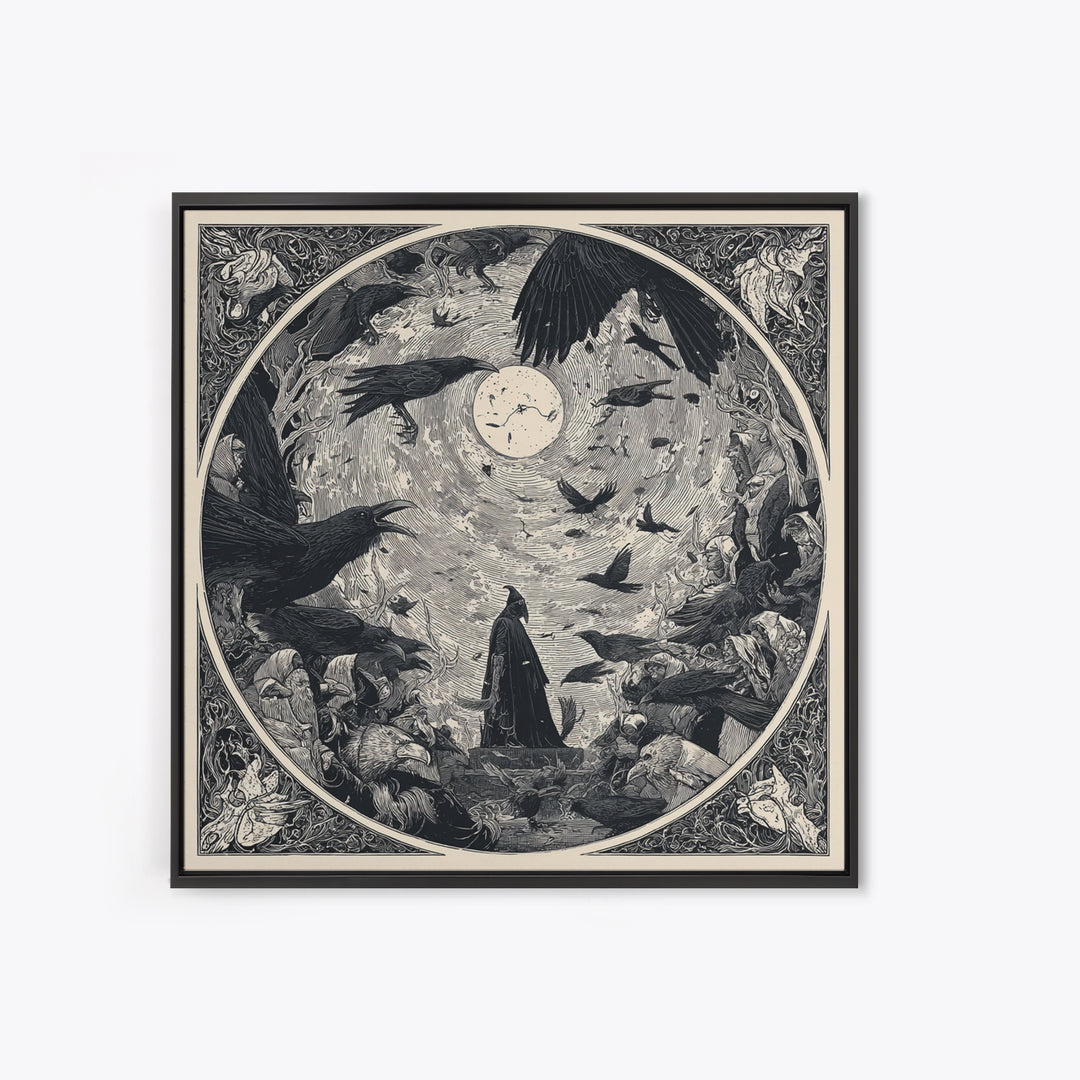 The Raven Funeral, Symbolist Etching Art, Square Wall Art, Dark Halloween Decor, Framed Canvas Print, Halloween Wall Art