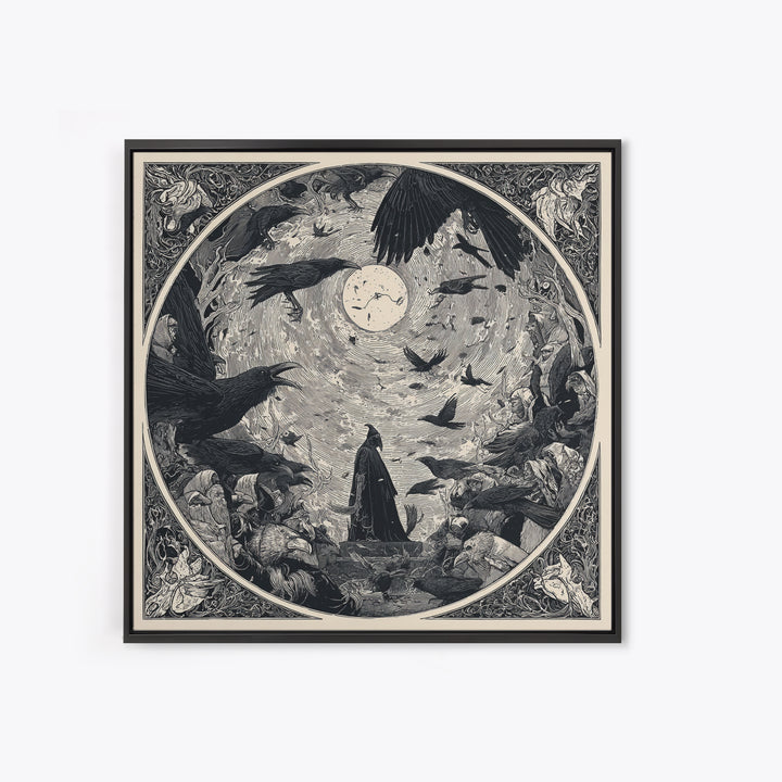 The Raven Funeral, Symbolist Etching Art, Square Wall Art, Dark Halloween Decor, Framed Canvas Print, Halloween Wall Art