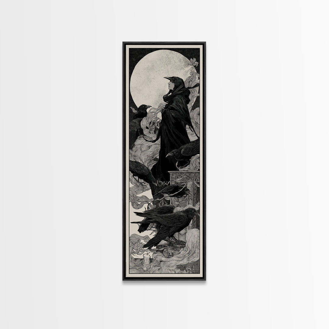 The Raven Funeral, Decadent Line Art, Tall Narrow Wall Art, Macabre Wall Art, Canvas Print, Halloween Wall Art