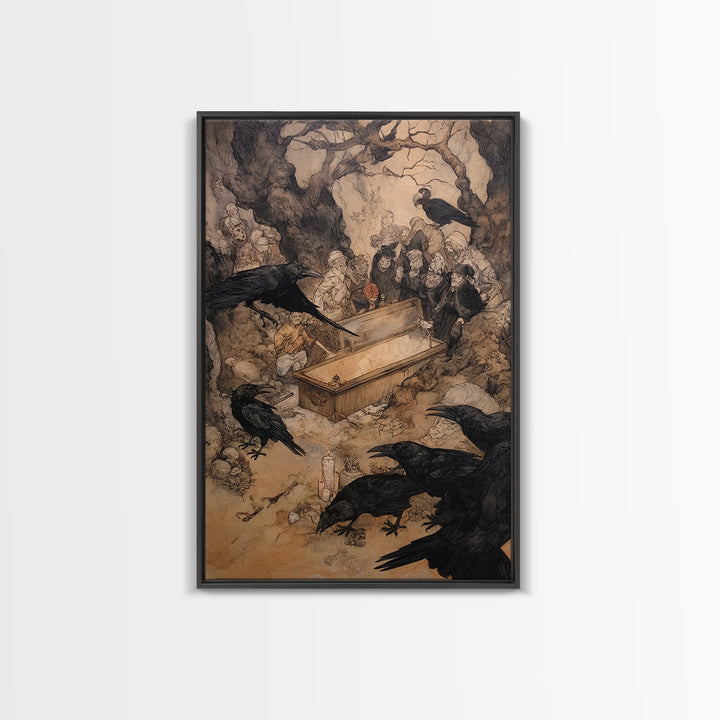 The Raven Funeral, Gothic Storybook Art, Vertical Wall Art, Macabre Wall Art, Canvas Print, Halloween Wall Art, Statement Wall Art