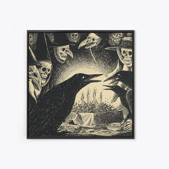 The Raven Funeral, Macabre Folk Print Art, Square Wall Art, Macabre Wall Art, Framed Canvas Print, Halloween Wall Art