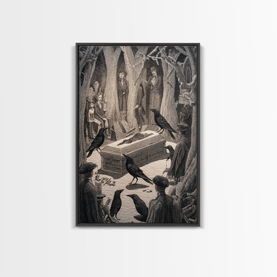 The Raven Funeral, Victorian Macabre Art, Vertical Wall Art, Gothic Horror Wall Art, Framed Canvas Print, Halloween Wall Art