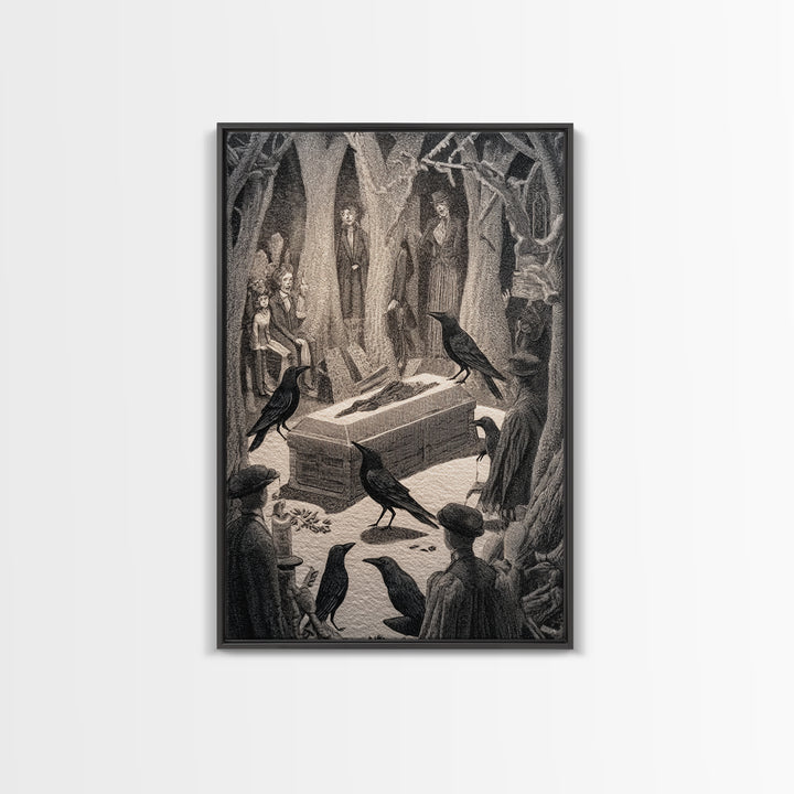 The Raven Funeral, Victorian Macabre Art, Vertical Wall Art, Gothic Horror Wall Art, Framed Canvas Print, Halloween Wall Art