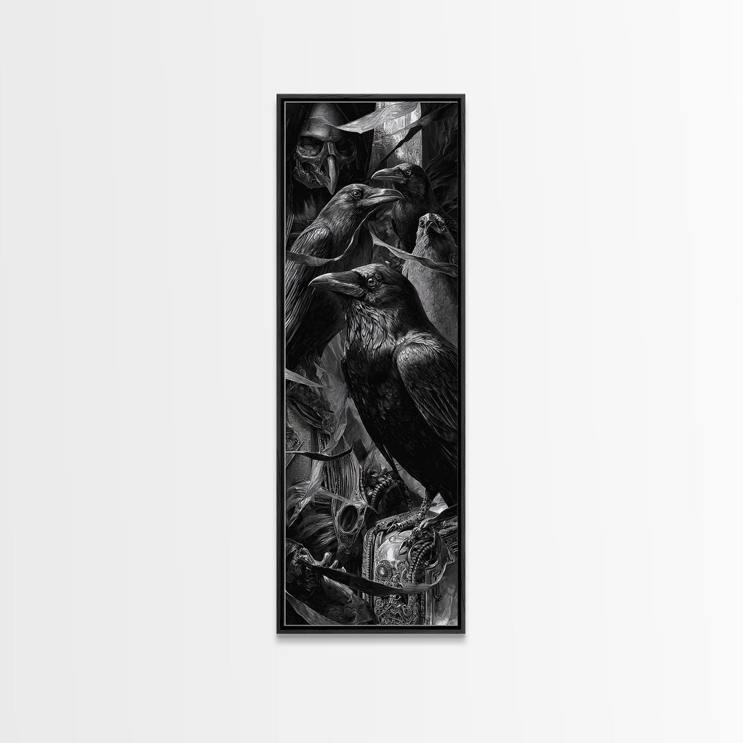 The Raven Funeral, Biomechanical Horror Art, Tall Narrow Wall Art, Macabre Wall Art, Framed Canvas Print, Halloween Wall Art