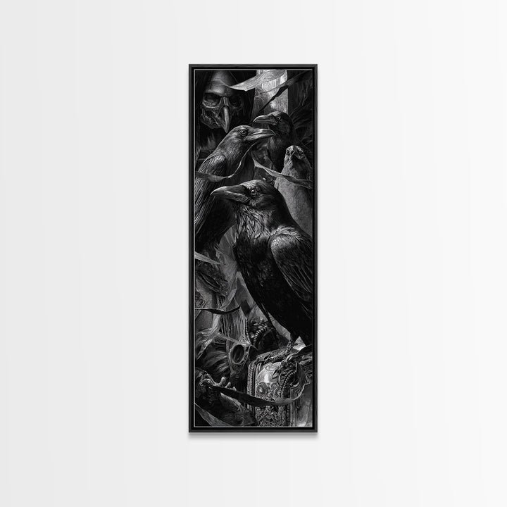 The Raven Funeral, Biomechanical Horror Art, Tall Narrow Wall Art, Macabre Wall Art, Framed Canvas Print, Halloween Wall Art
