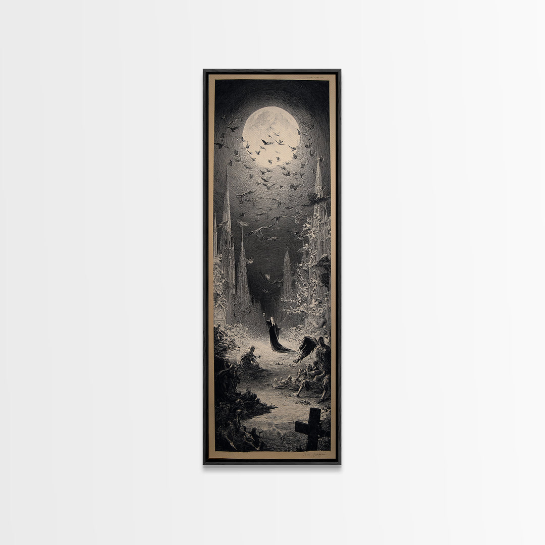 The Graveyard Dance, Gothic Engraving Art, Tall Narrow Wall Art, Dark Halloween Decor, Canvas Print, Halloween Wall Art