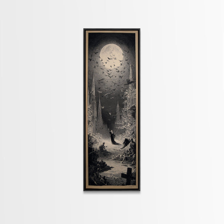 The Graveyard Dance, Gothic Engraving Art, Tall Narrow Wall Art, Dark Halloween Decor, Canvas Print, Halloween Wall Art