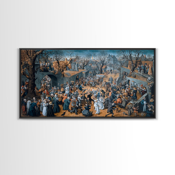 The Graveyard Dance, Northern Renaissance Horror, Wide Panoramic Art, Dark Fantasy Wall Art, Framed Canvas Print