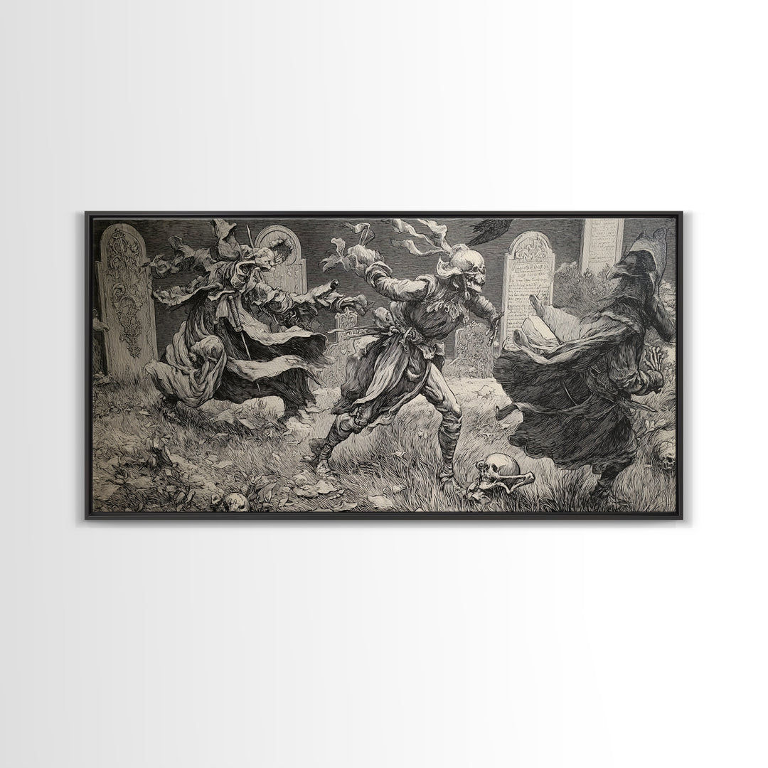 The Graveyard Dance, Renaissance Engraving Art, Wide Panoramic Art, Gothic Horror Wall Art, Canvas Print, Halloween Wall Art