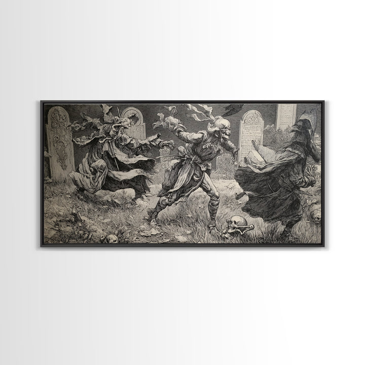 The Graveyard Dance, Renaissance Engraving Art, Wide Panoramic Art, Gothic Horror Wall Art, Canvas Print, Halloween Wall Art